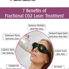 This infographic details the benefits of Fractional CO2 laser treatment. It is a versatile procedure that removes wrinkles, eliminates acne scars, lightens sun tanning, and creates an even skin tone without the need for surgery.