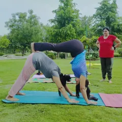 An outdoor Acro Yoga session in progress. The student acting as the 'flyer' is supported by the 'base' in a variation of Downward-Facing Dog, building core strength and trust.