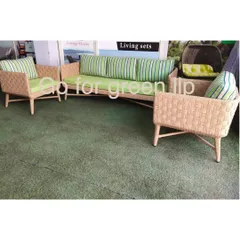 A perfect example of modern outdoor comfort. This woven sofa set, with its clean lines and vibrant green striped cushions, offers a stylish and inviting seating arrangement for any patio or garden.