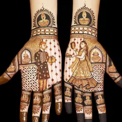 A detailed Karwa Chauth portrait design. The artwork shows the husband offering a gift to his wife, with diyas and kalash motifs adding to the festive theme.