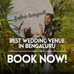 A graphic proclaiming Safina Banquets as the best wedding venue in Bengaluru, encouraging users to book now.