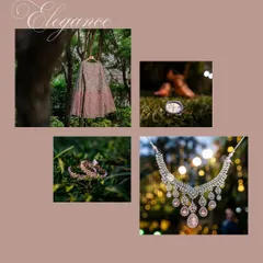 A collage of elegant details from a royal reception, including the bride's dress, jewelry, and watch, all set against a backdrop of lush greenery.