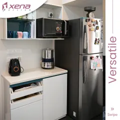 I design every kitchen to be versatile and practical. This unit includes a dedicated spot for the microwave and refrigerator, along with deep drawers for easy access to pots and pans, ensuring everything has its place.