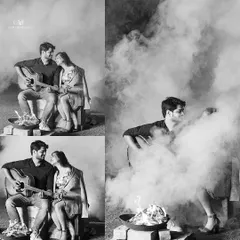 A dramatic black and white collage of a couple by a bonfire. The smoke creates a moody and artistic effect, perfect for a unique and memorable pre-wedding concept shoot.