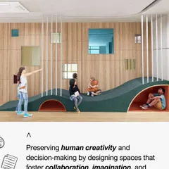 This image highlights our focus on preserving human creativity by designing spaces that foster collaboration, imagination, and meaningful interactions, even as technology advances.