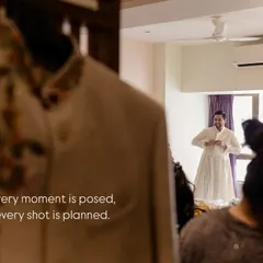 Not every shot is planned. This candid photo captures the groom getting ready, seen from behind his sherwani, illustrating our documentary approach to wedding photography.