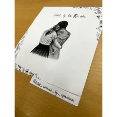 An angled shot of the finished couple illustration, showing my signature. Every piece I create is a personal work of art, made with care from start to finish.