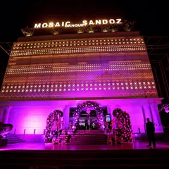 The stunning exterior of the Mosaic Banquet hall, lit up for a grand Diwali party. Capturing the venue sets the stage for the incredible celebration inside.