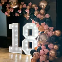 An 18th birthday is a big deal, and we marked the occasion with large, light-up marquee numbers and a sophisticated balloon garland in a rose gold and black color palette.