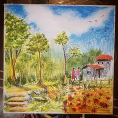 A beautiful landscape painting on canvas created with oil pastels. This shows how you can achieve a soft, painterly effect by blending the pastels to create fields, trees, and a cloudy sky.