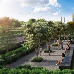 This still from a commercial walkthrough animation highlights the importance of landscape design in public spaces. We rendered the lush greenery, trees, and pedestrian pathways to show how the outdoor environment complements the retail architecture.
