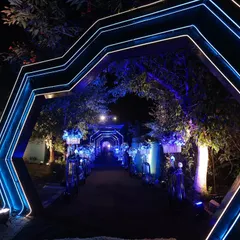 This entryway was designed for drama. I created a tunnel of geometric neon arches in cool blue tones to pull guests into an immersive, high-energy experience from the moment they arrived.