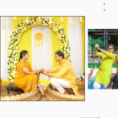 This collage shows both the traditional and fun sides of a Haldi. It features a quiet ritual moment and a candid shot of the groom celebrating.