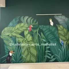 Tropical elegance at its finest. This mural features a variety of leaves and colorful birds like toucans and parrots against a dark green wall, creating a rich and lively dining room backdrop.