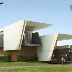 This visualization for a residence in Dharmavaram explores a composition of folded planes and cantilevered roofs. Our rendering process is crucial for defining the architectural form and material palette early in the design phase.