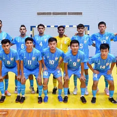 The Indian Futsal Team, featuring our players, posing for a group photo before heading to the AFC Futsal Asian Cup Qualifiers.