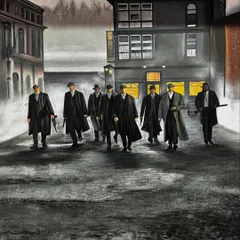 I also enjoy painting themes from popular culture. This detailed mural captures the entire cast of Peaky Blinders, focusing on the moody atmosphere and character details to create a powerful statement piece for a fan's personal space.