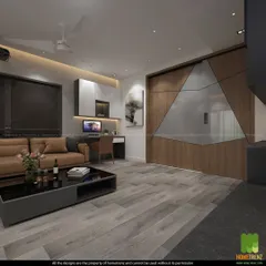 This angle reveals the room's full versatility, with a dedicated workspace coexisting peacefully with the entertainment setup. My designs ensure that every square foot of your home is both beautiful and functional.