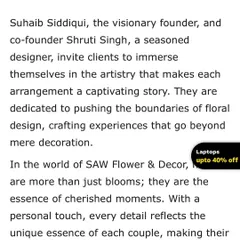 Another excerpt from a media feature discussing our dedication to crafting experiences that go beyond mere decoration. It acknowledges our commitment to making every event truly unforgettable through personal touches and artistry.