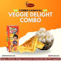 The Veggie Delight Combo from my Combo Carnival includes a veggie puff, rasgulla, and a juice box for a perfect snack.