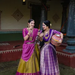 Two women dressed in gorgeous traditional sarees for a Pongal photoshoot. I capture the friendship and shared joy of the festival.