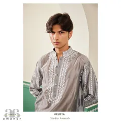 A portrait shot of the grey Chanderi kurta, focusing on the detailed embroidery around the neck and placket.