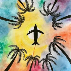 This watercolor painting captures the feeling of wanderlust. The silhouette of the airplane against a colorful sky and palm trees evokes the excitement of travel.