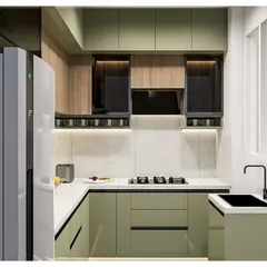 Another angle of the sage green and wood kitchen concept, focusing on the cooking area with the integrated hob and chimney.