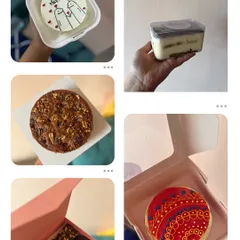 A collage of different bakes, including a meme bento cake, a tiramisu tub, a walnut tea cake, brownies, and a festive Diwali-themed cake.