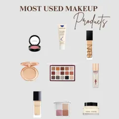 A flat lay of my most-used makeup products from the past year. These are the tried-and-true heroes that help me create flawless and long-lasting bridal looks.
