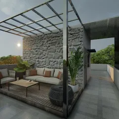 A proposed design for a terrace lounge, featuring a comfortable seating area under a pergola, a stone accent wall, and ambient lighting for a perfect evening retreat.