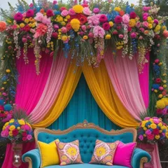This design is all about color. A bold floral arch with a rainbow of flowers is paired with a bright blue sofa for a joyful and energetic mehendi celebration.
