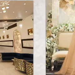 A collage showcasing the details of an elegant engagement. On the left, our venue's chic lounge seating; on the right, a close-up of the ornate chair and beautiful floral backdrop we created for the couple.