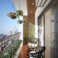 A classic and elegant setup for a city apartment balcony. This design features black wicker bistro seating, wooden deck flooring, and a vertical wood slat accent wall. Hanging and railing planters add softness and a touch of nature to the modern structure.