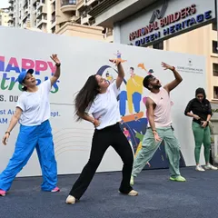 On stage at the 'Happy Streets' event on Palm Beach Road. Leading a public dance fitness session is an incredible way to share positive vibes with the whole community.