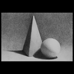 Another student's submission, focusing on creating smooth tonal transitions on a cone and sphere using pencil.