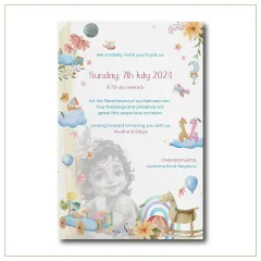 A naming ceremony invitation that blends traditional and playful elements. It features a beautiful illustration of baby Krishna alongside classic baby toys, all in a soft, dreamy color palette.
