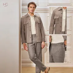 I've reimagined pinstripes with this flannel shacket and trouser set. The earthy tones and relaxed fit offer a modern take on a classic pattern, perfect for a smart-casual look.