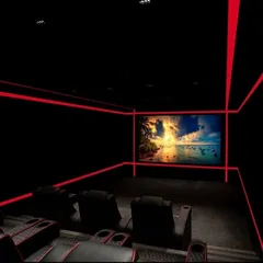A minimalist yet striking home theater design using bold red LED light strips to outline the room. This technique creates a futuristic and fully immersive environment, drawing all focus to the crystal-clear picture on screen.