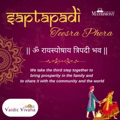The third step, 'Tripadi', is a vow to work together to bring prosperity to the family and to share that prosperity with the community and the world. It is a commitment to shared growth and service.