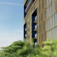For this ultra luxury residential project in Chennai, the facade is a minimal, clean volume wrapped in a delicate layer of bronze anodized aluminum tubes. This detail shot shows the elegance and precision of the screen.