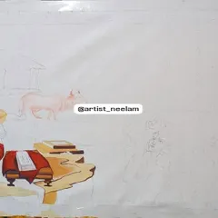 Another view of the work in progress. You can see how I slowly build up the colors and details, ensuring the final piece has depth and a sense of realism.