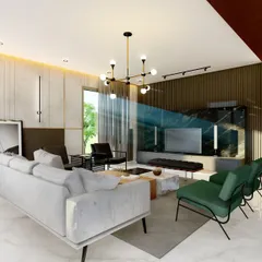 This is a concept render for a client's living room. The design features a mix of modern furniture, a neutral color palette with pops of green and dark wood, and varied lighting sources to create a warm, sophisticated atmosphere.