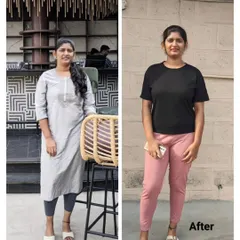 Here is proof of a 5 kg weight loss, along with significant body toning and posture correction. Notice the reduction in face fat and belly fat, all achieved through consistent and correct yoga practice.