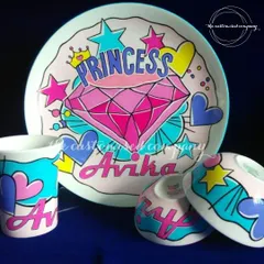A personalized three piece dinner set for kids. We can customize the plate, bowl, and mug with any design or character of your choice to make mealtime more fun.