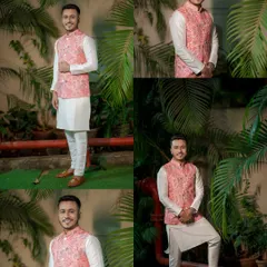 A collage of stylish portraits of the groom-to-be at his engagement ceremony, looking sharp in a pink Nehru jacket.