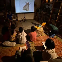 During our "Moth Watch" evening, children gather for a presentation on nocturnal insects before heading out to see them in person, blending classroom learning with outdoor exploration.