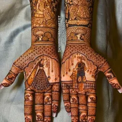 This custom design features a detailed portrait of Radha and Krishna on the forearms, with a wedding scene on the palms.