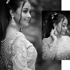 A beautiful black and white collage of a model in an elegant gown. The soft lighting and classic poses give these portraits a timeless and graceful feel.