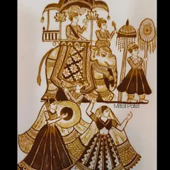 A grand and royal baraat scene meticulously drawn with henna. This artwork features the groom on an elephant, accompanied by dancers and musicians, capturing the festive energy of an Indian wedding procession.